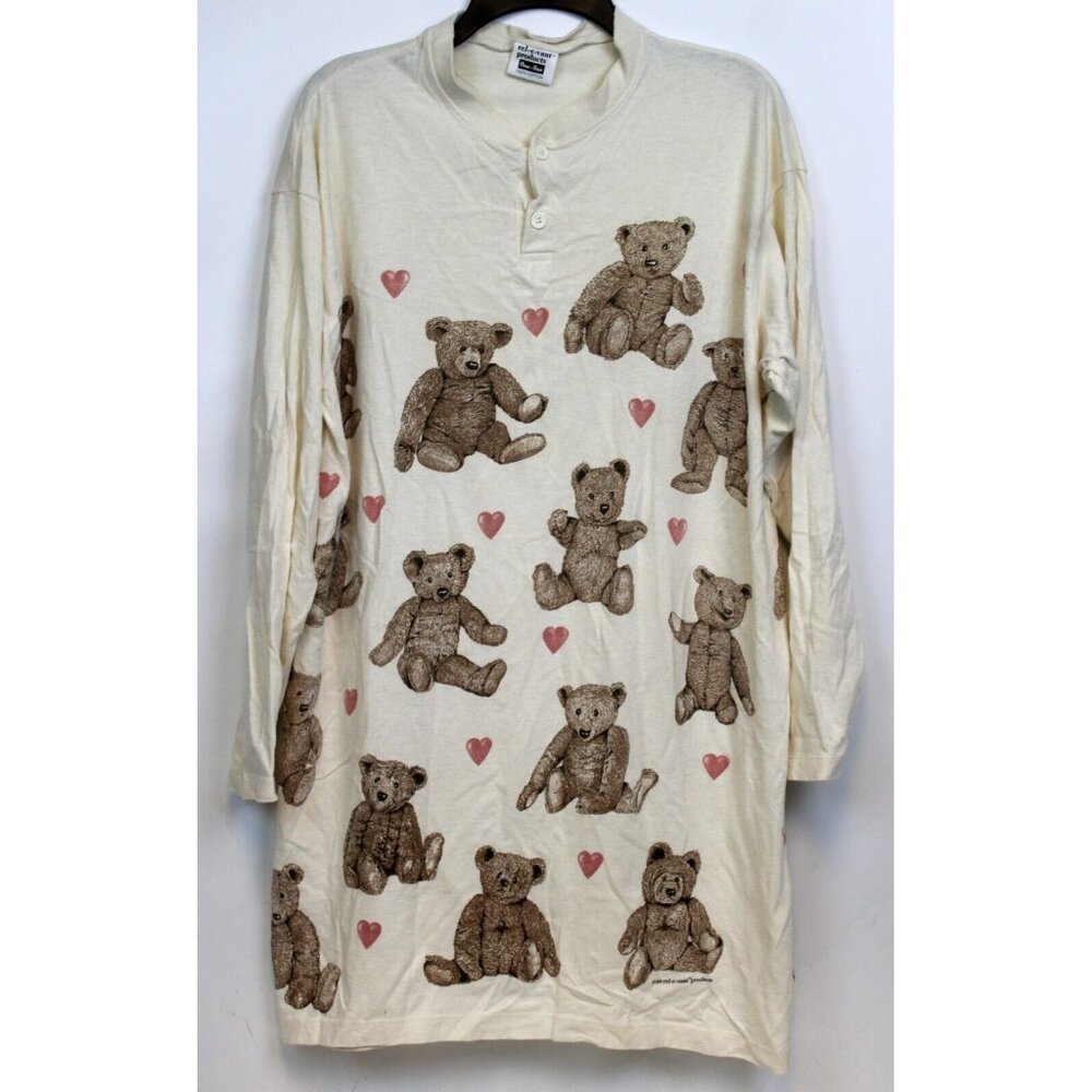 1995 Relevant Painted Lady Teddy Bear Henley Shirt Long PJ Lounge USA 90s Cream